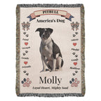 Pitbull-themed blanket with text and graphics on a white Personalize your favorite picture of your Pitte on this custom woven blanket with their name.