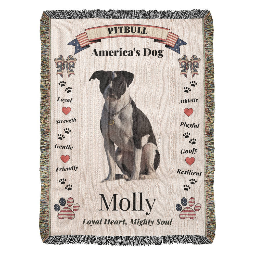 Pitbull-themed blanket with text and graphics on a white Personalize your favorite picture of your Pitte on this custom woven blanket with their name.