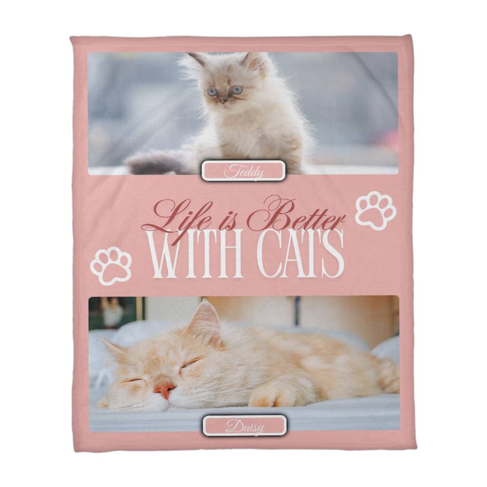 Personalized Multi-Cat Photo Blanket - Custom Cat Collage Fleece Blanket - 2-5 Cats Names & Photos