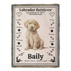Woven Cotton Blanket with a Labrador Retriever puppy and text on a beige background.  Personalized with the name and photo of a Labrador dog.