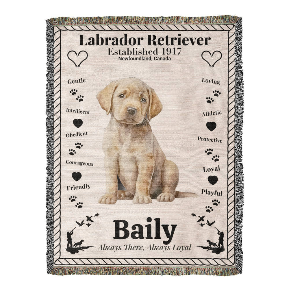 Woven Cotton Blanket with a Labrador Retriever puppy and text on a beige background.  Personalized with the name and photo of a Labrador dog.