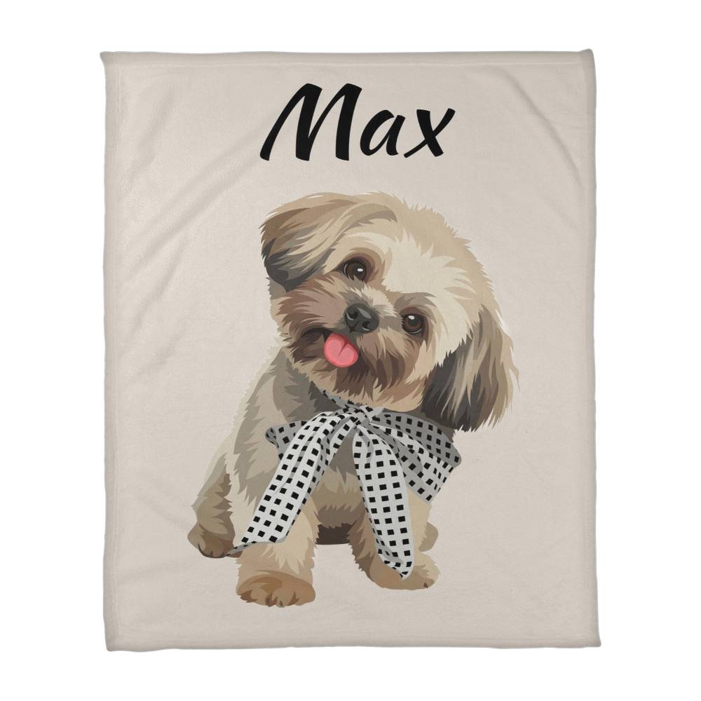 Blanket with a dog illustration and the name 'Max' on a beige background