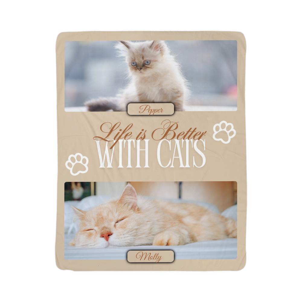 Product packaging with images of cats and text 'Life is Better With Cats' on a beige background.