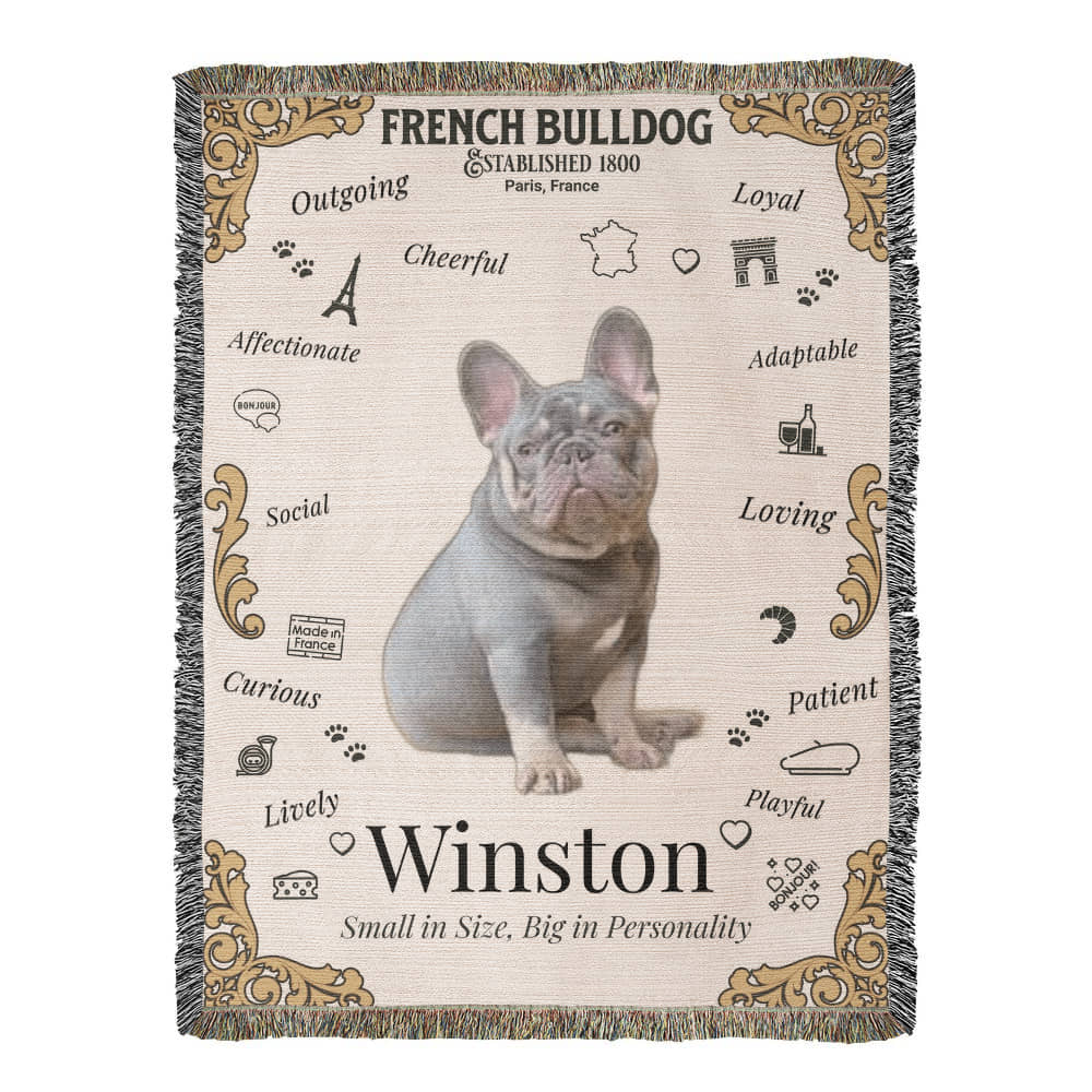 🐾 My Little Buddie Heirloom Woven Blanket – French Bulldog Edition - Gold Embellishment