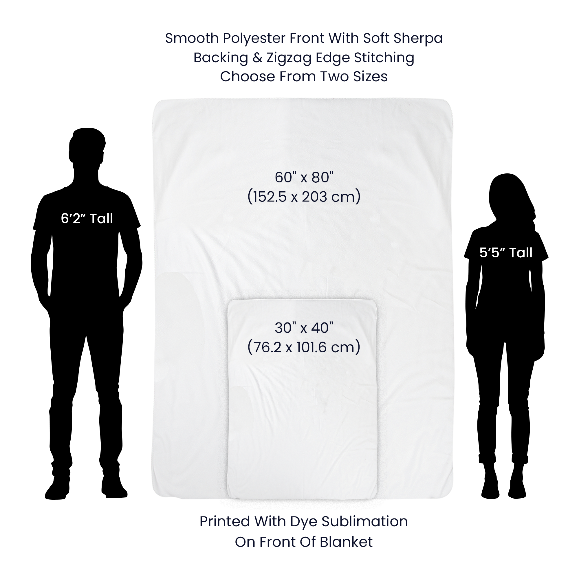 Blanket with size dimensions shown next to silhouettes of a 6'2" and 5'5" person.