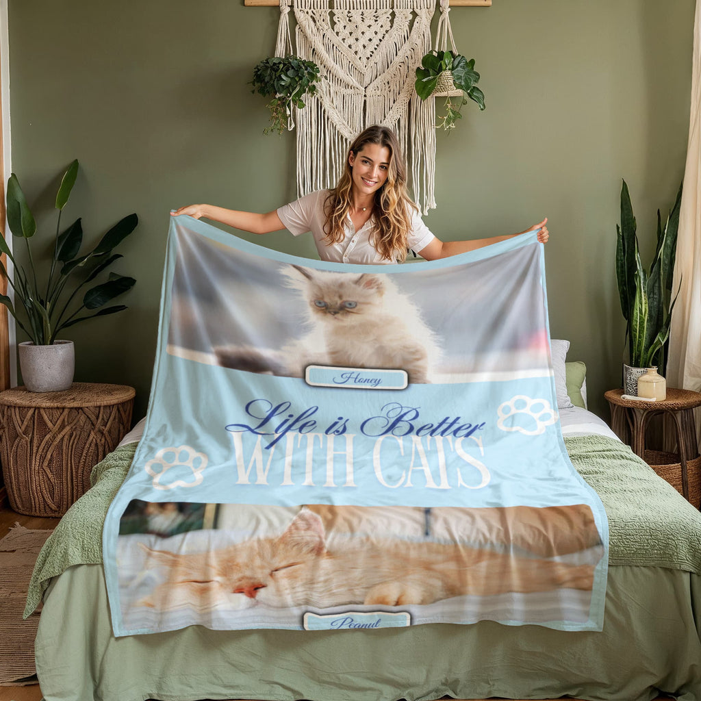 Personalized Multi-Cat Photo Blanket - Custom Cat Collage Fleece Blanket - 2-5 Cats Names & Photos