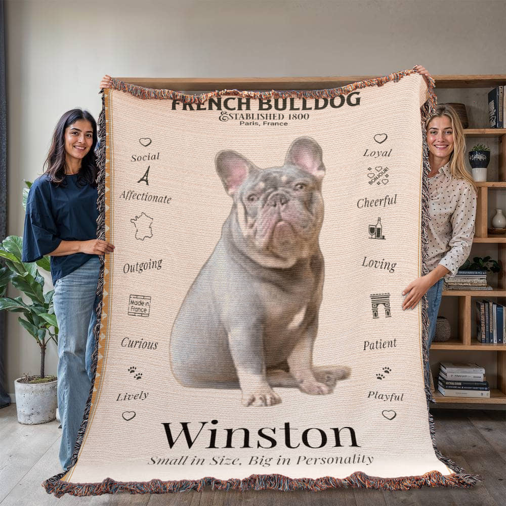 🐾 My Little Buddie Heirloom Woven Blanket – French Bulldog Edition - Gold Frame