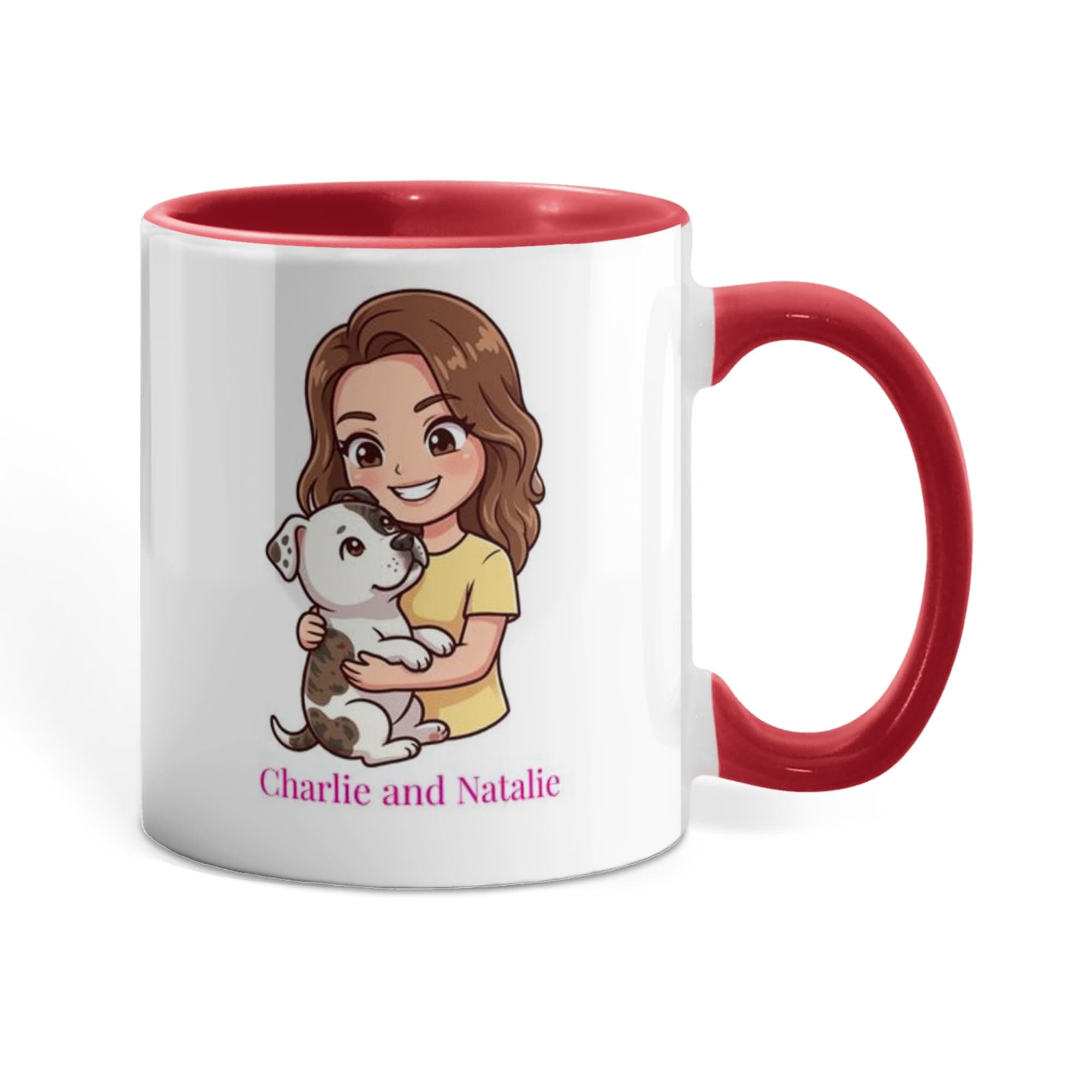 Mug with a cartoon character holding a dog and text 'Charlie and Natalie' on a white background