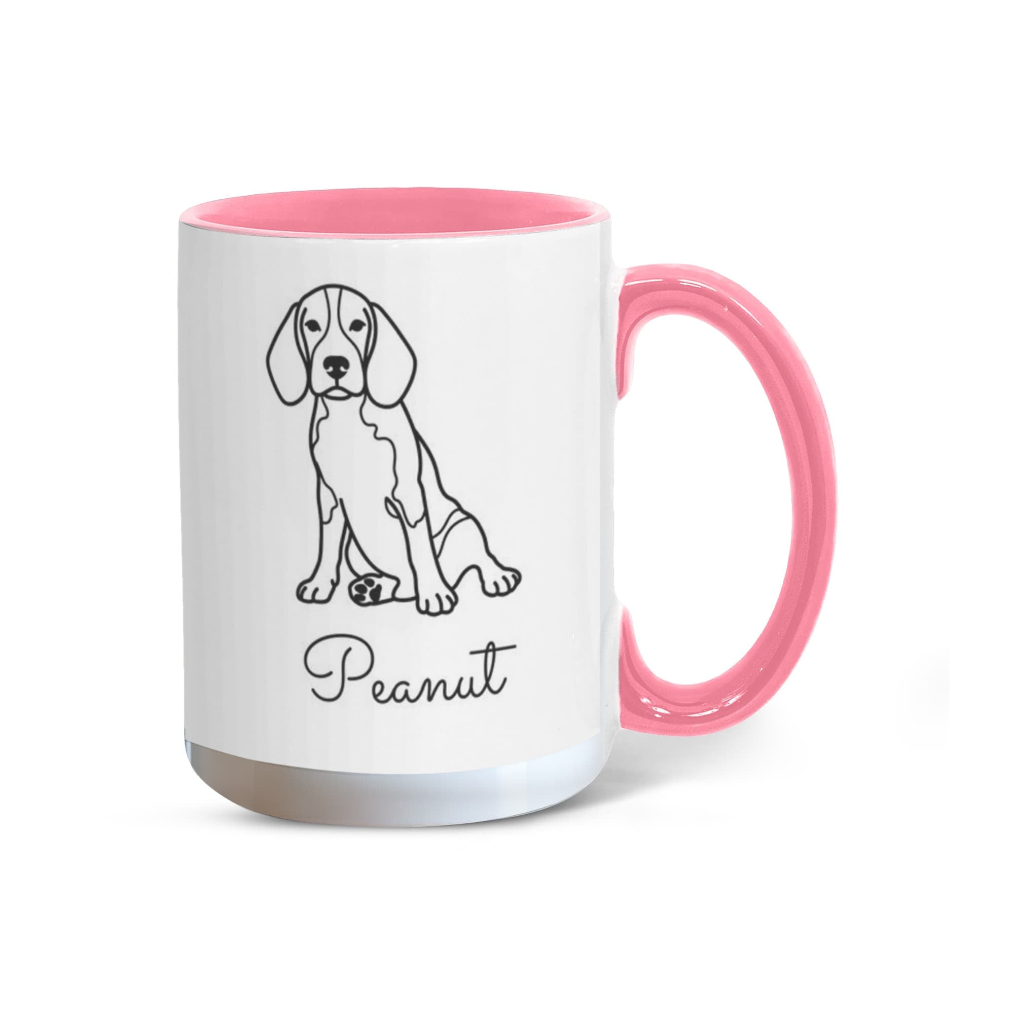 Mug with pink interior and handle featuring a dog illustration and the name 'Peanut'.