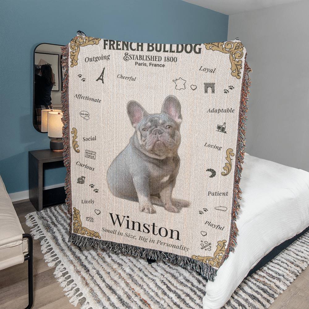 🐾 My Little Buddie Heirloom Woven Blanket – French Bulldog Edition - Gold Embellishment