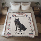 Pitbull-themed blanket with text on a bed in a bedroom setting. Personalize your woven blanket with your favorite picture of your Pittie with their name.