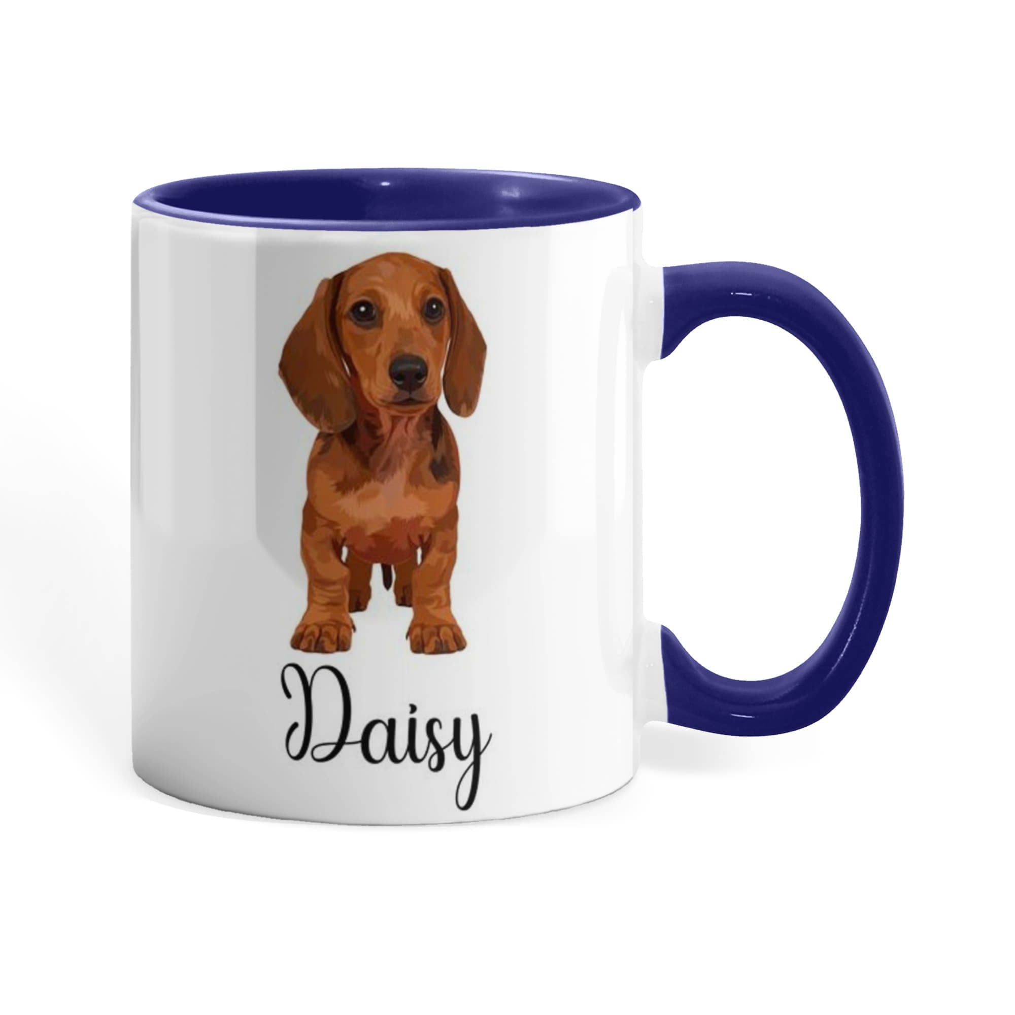 Mug with a dachshund illustration and the name 'Daisy' on a white background