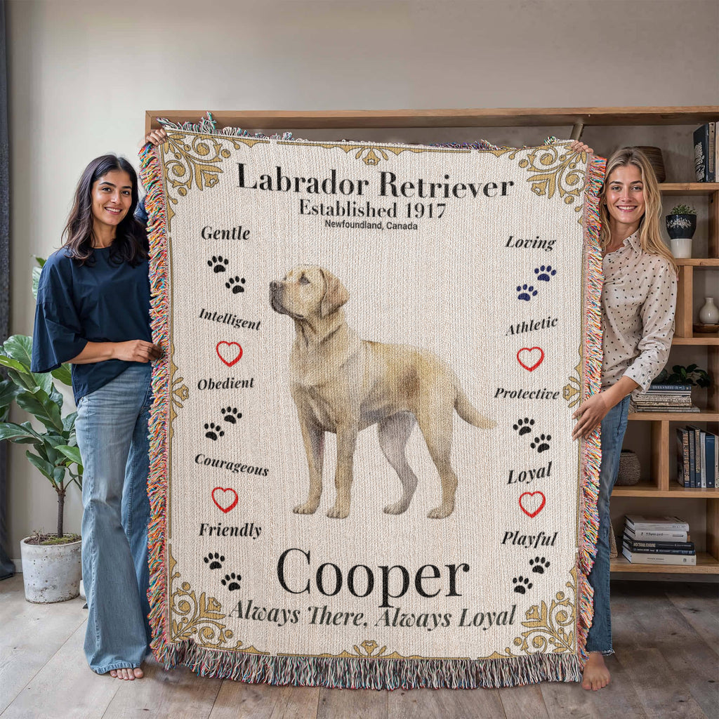 Two people holding a large blanket with a Labrador Retriever design and text. Personalize your Labrador Retriever woven blanket with your dog's photo and name.