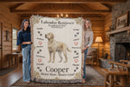 Two people holding a large blanket with a Labrador Retriever design and text.