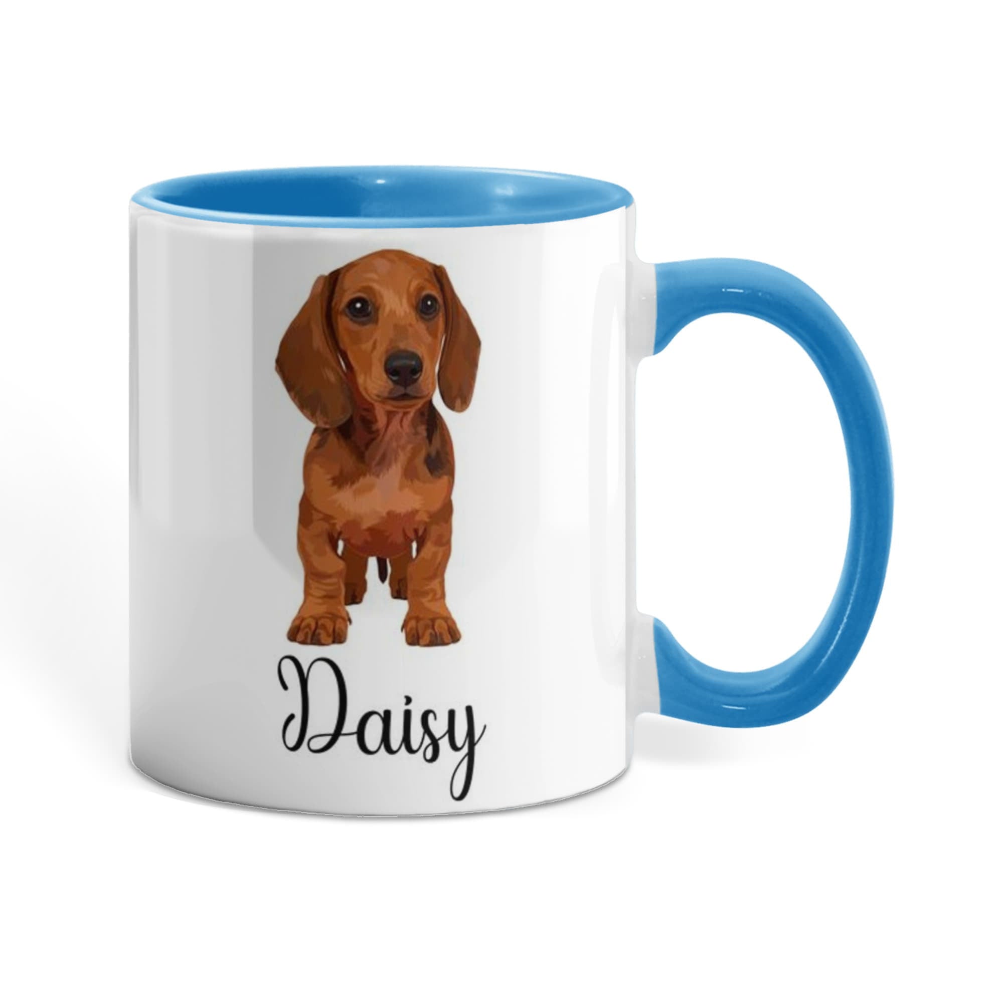 Mug with a dachshund illustration and 'Daisy' text on a white background