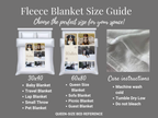 Fleece blanket size guide with images and care instructions on a gray background