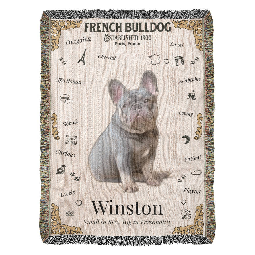🐾 My Little Buddie Heirloom Woven Blanket – French Bulldog Edition - Gold Embellishment