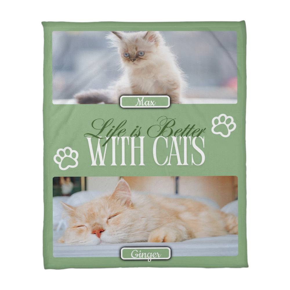 🐾 Personalized Multi-Cat Photo Blanket | Custom Cat Fleece Blanket | 2-5 Cats Names & Photos