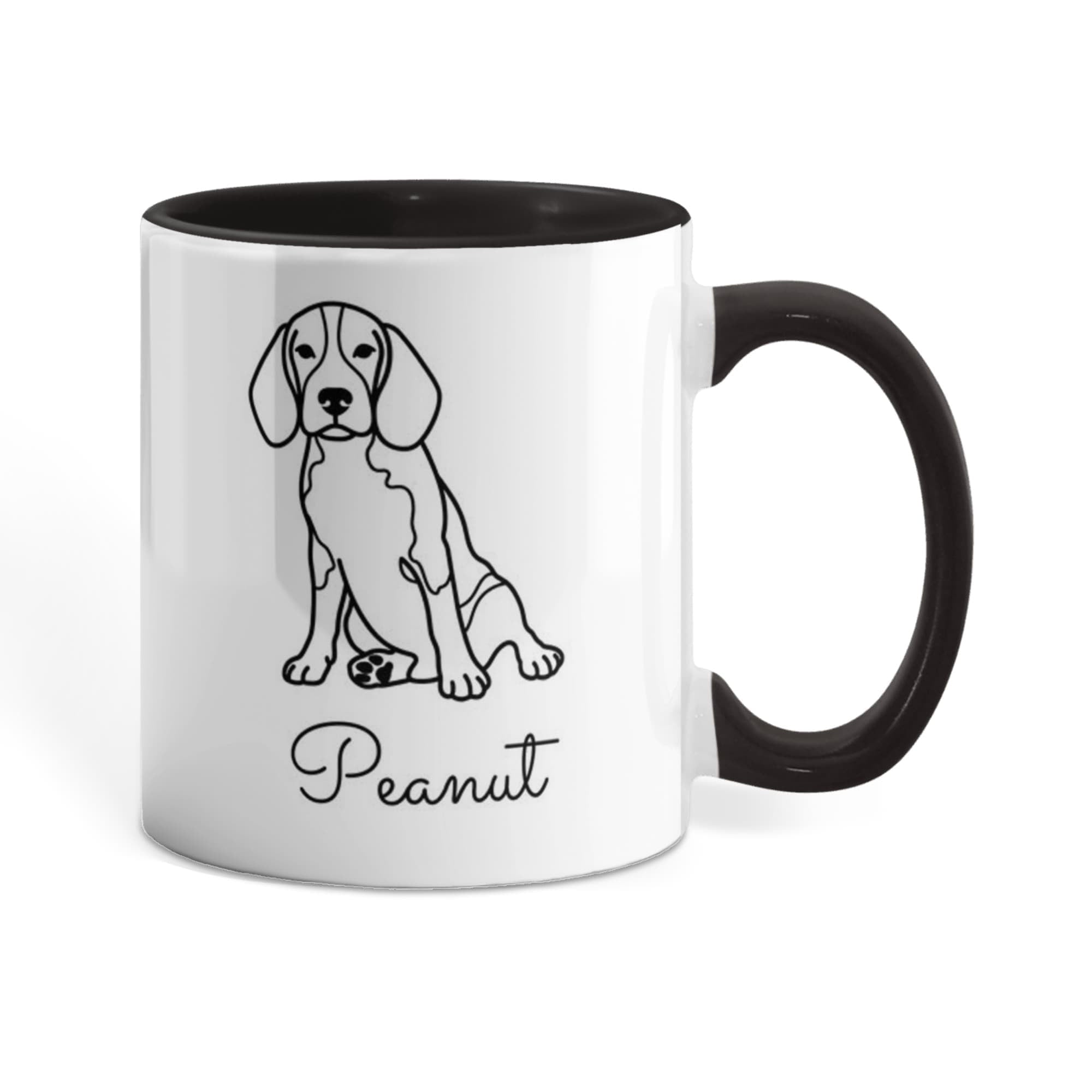 White mug with black interior and handle featuring a dog illustration and the name 'Peanut'.