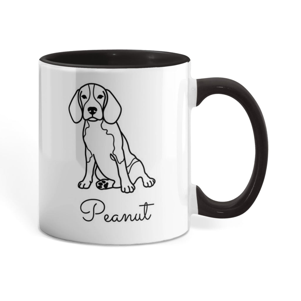 White mug with black interior and handle featuring a dog illustration and the name 'Peanut'.