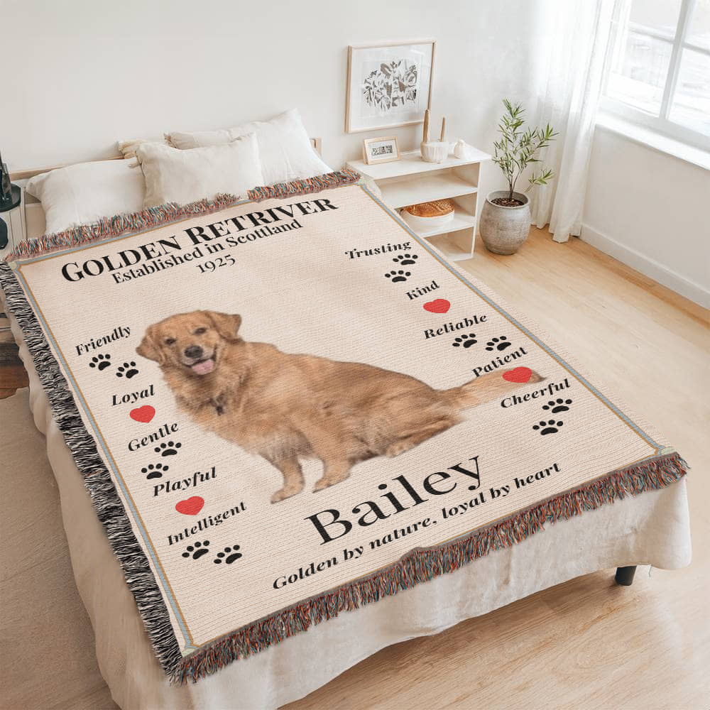 woven Blanket with a Golden Retriever design and text on a bed in a room.  Personalized with dogs name and photo.
