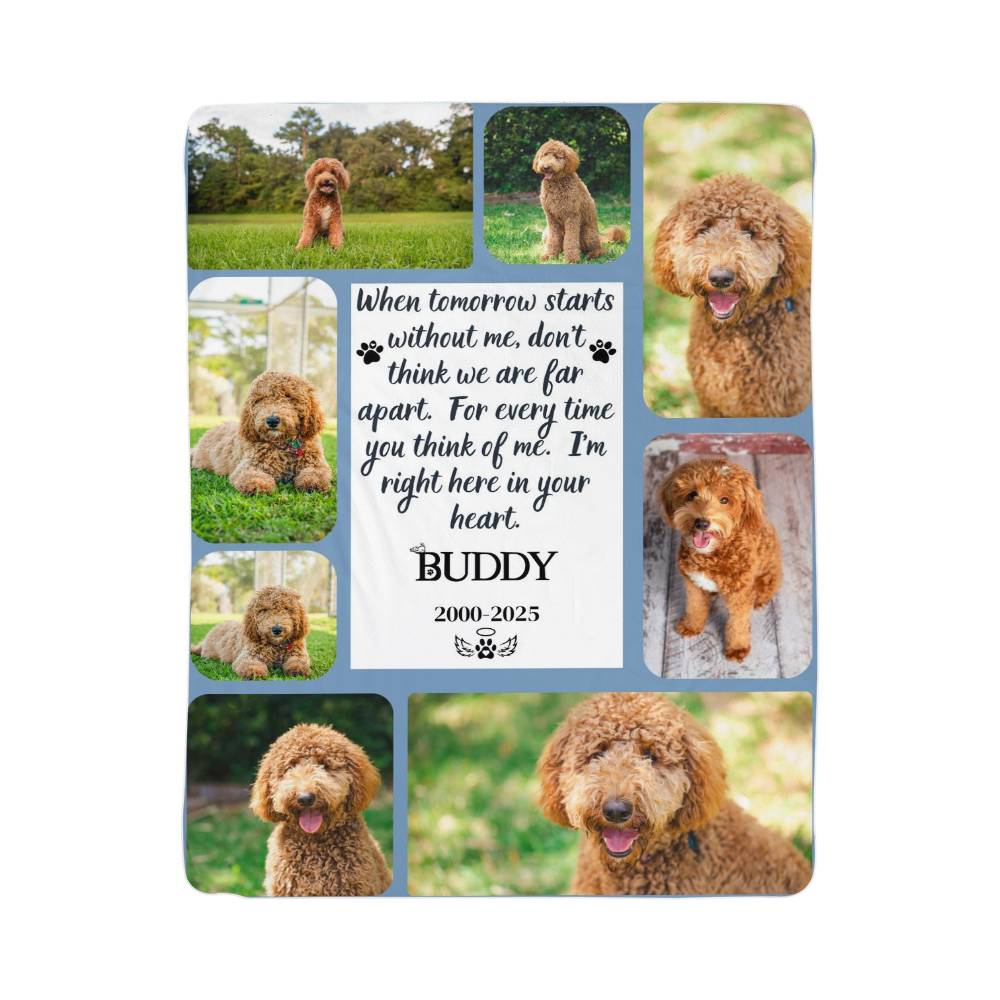 Memorial plaque with images of a dog and a quote, set against a white background.