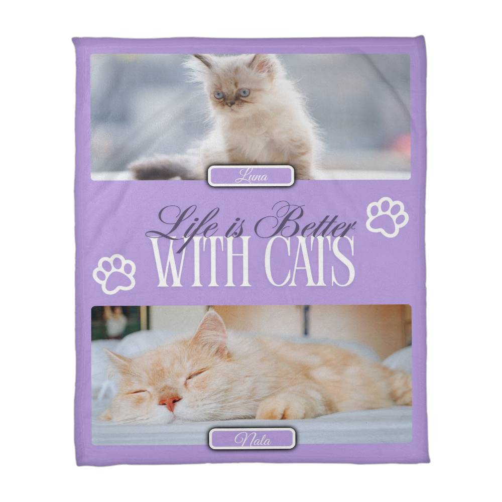 Personalized Multi-Cat Photo Blanket - Custom Cat Collage Fleece Blanket - 2-5 Cats Names & Photos