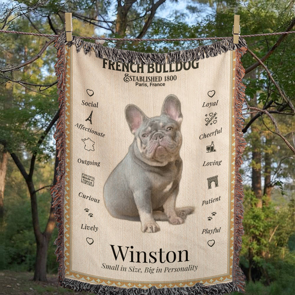 🐾 My Little Buddie Heirloom Woven Blanket – French Bulldog Edition - Gold Frame