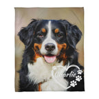 Dog blanket with a Bernese Mountain Dog design and 'Charlie' printed on it.