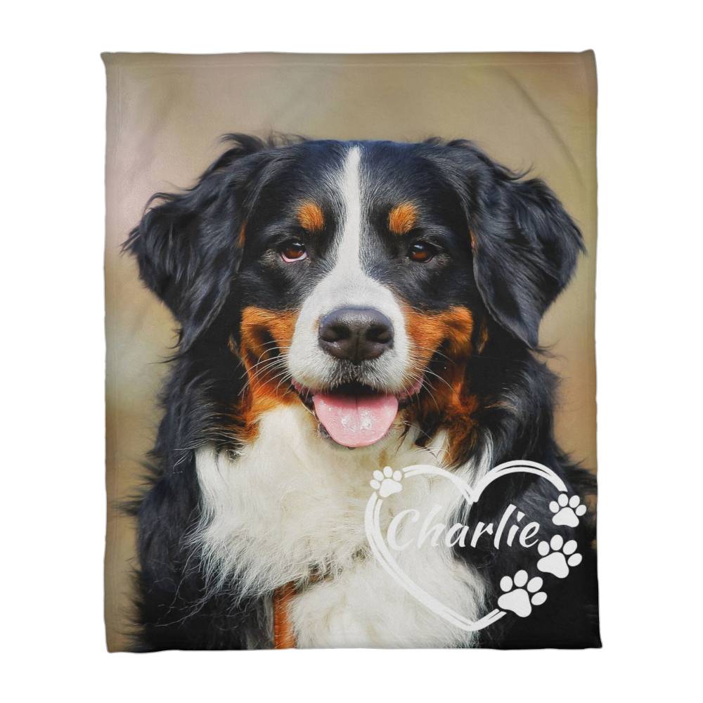 Dog blanket with a Bernese Mountain Dog design and 'Charlie' printed on it.