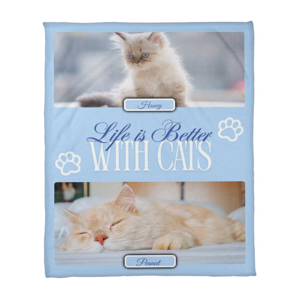 Personalized Multi-Cat Photo Blanket - Custom Cat Collage Fleece Blanket - 2-5 Cats Names & Photos