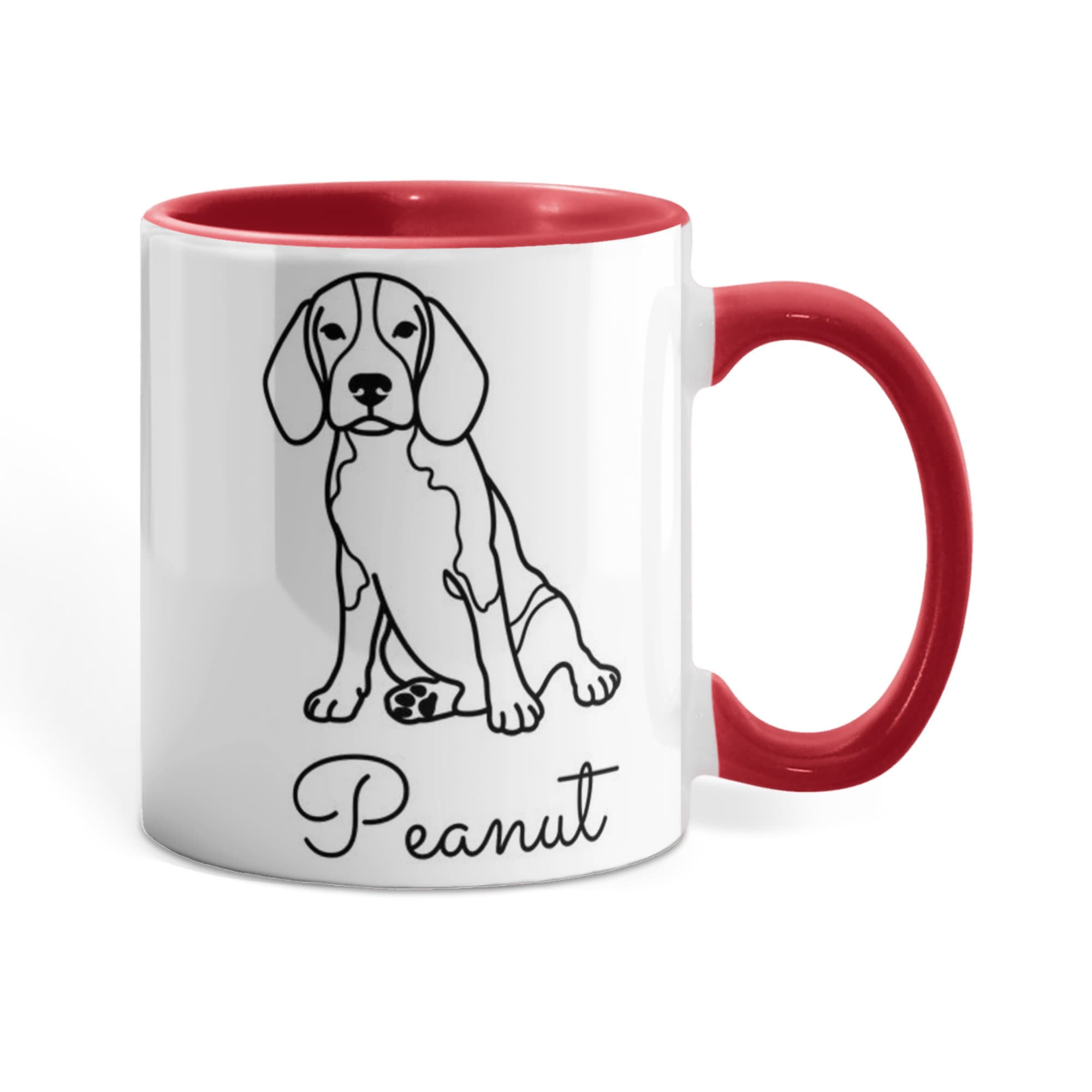 White mug with red interior and handle featuring a black dog illustration and the name 'Peanut'.