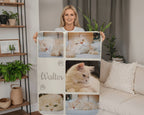 Person holding a blanket with cat photos and the name 'Walter' in a living room.