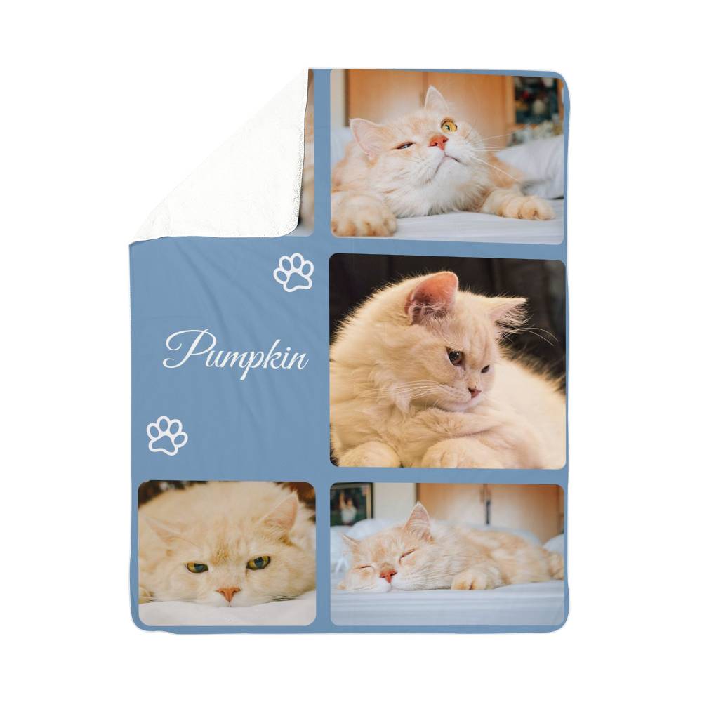 Personalized blanket with cat photos and name 'Pumpkin' on a blue background