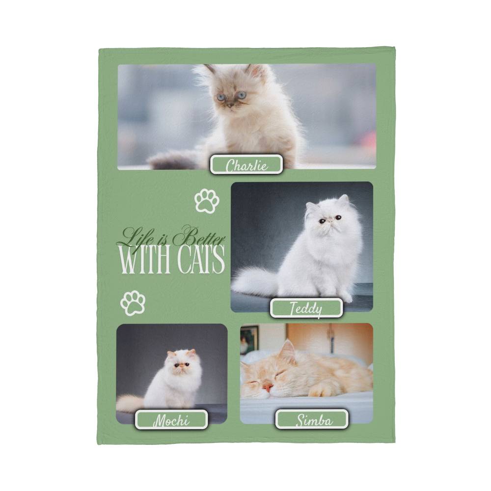 Personalized Multi-Cat Photo Blanket - Custom Cat Collage Fleece Blanket - 2-5 Cats Names & Photos