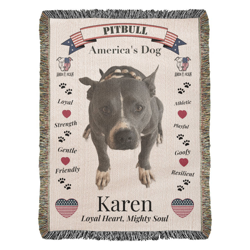 Pitbull-themed blanket with text and graphics on a white background.  Personalized with your favorite picture of your Pittie with their name.