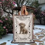 Woman holding a woven blanket with a Labrador Retriever design and text outdoors. Personalized with the name and photo of a Labrador dog.