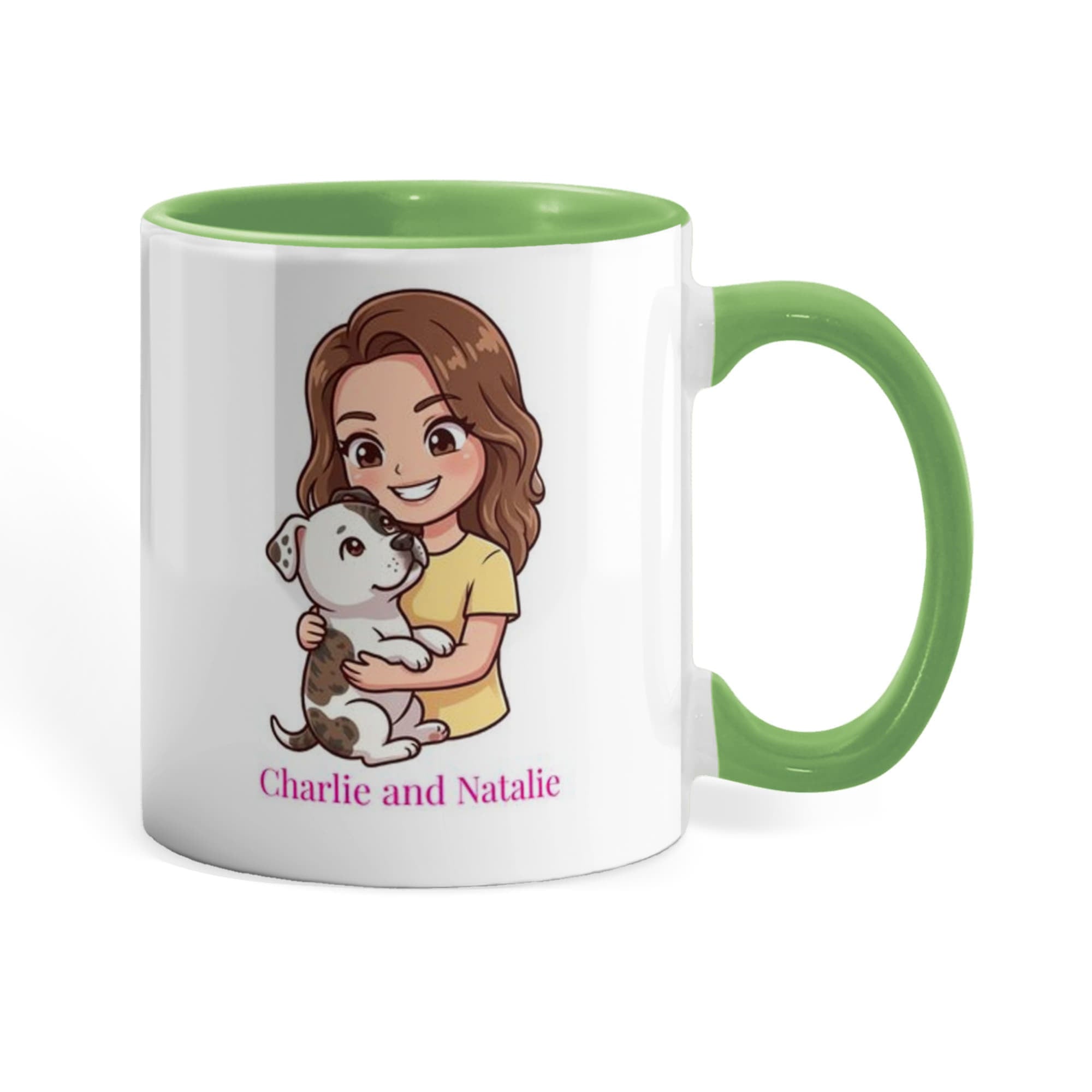 Mug with a cartoon character holding a dog and text 'Charlie and Natalie' on a white background