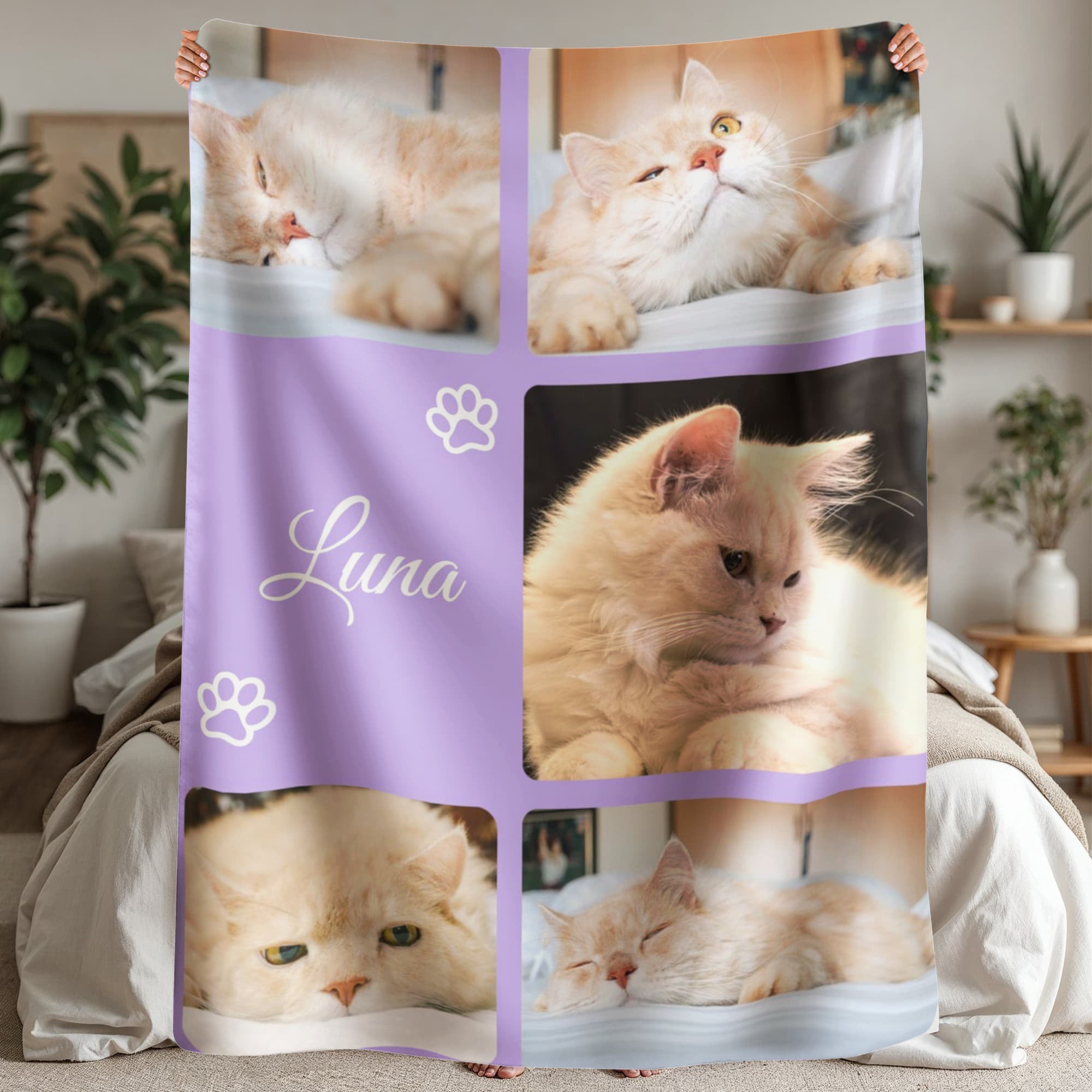 Blanket with multiple images of a cat named Luna held by two people in a room.