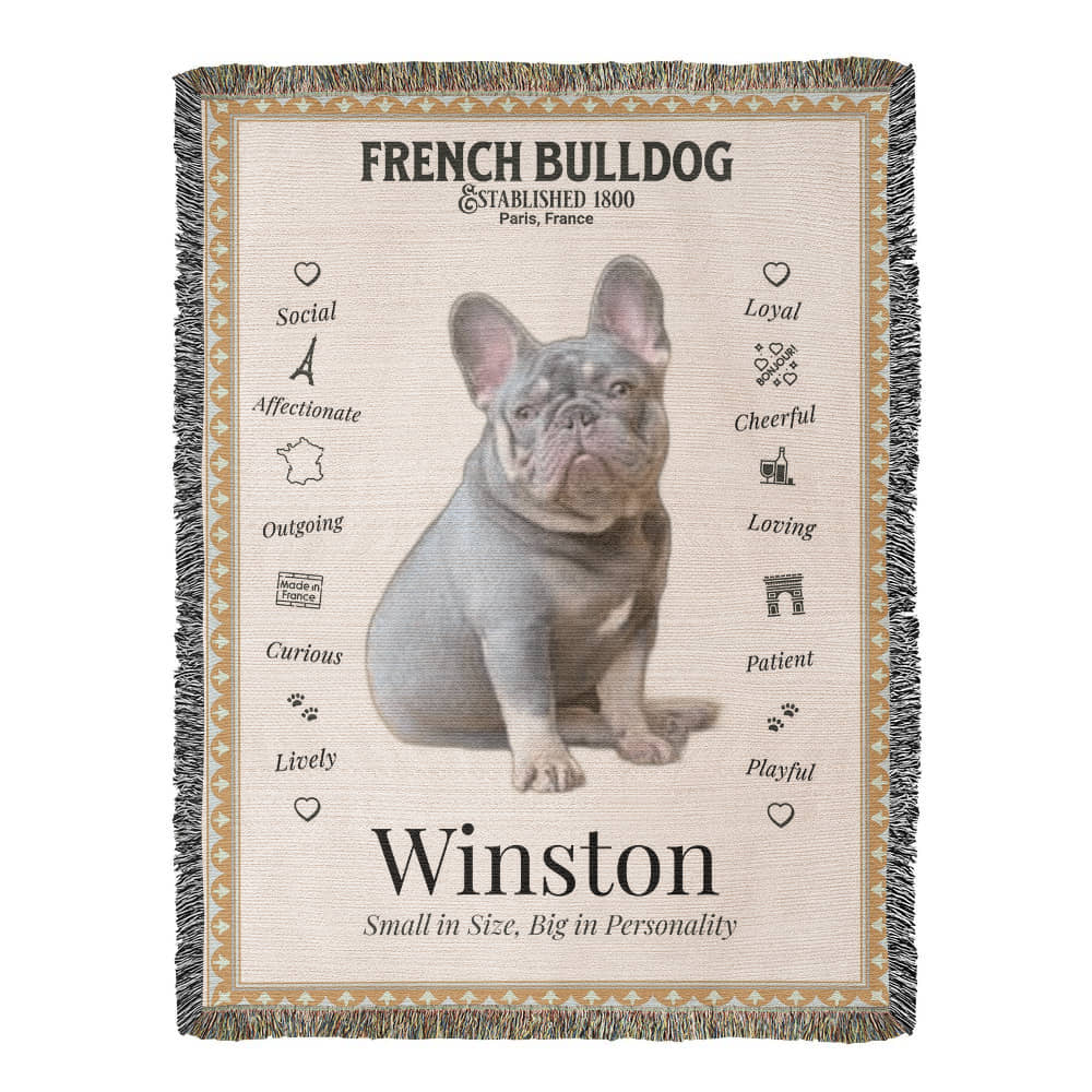 🐾 My Little Buddie Heirloom Woven Blanket – French Bulldog Edition - Gold Frame
