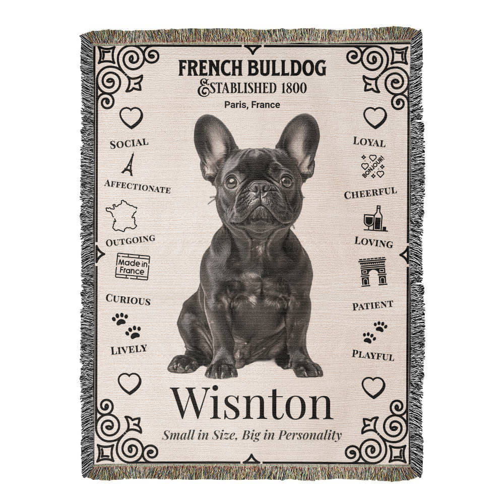Woven blanket with a French Bulldog design and text on a beige background.Personalized with your Frenchie's photo and name.
