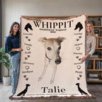 Two people holding a blanket with a whippet design and text. Personalize your woven blanket with your favorite photo of your Whippit.