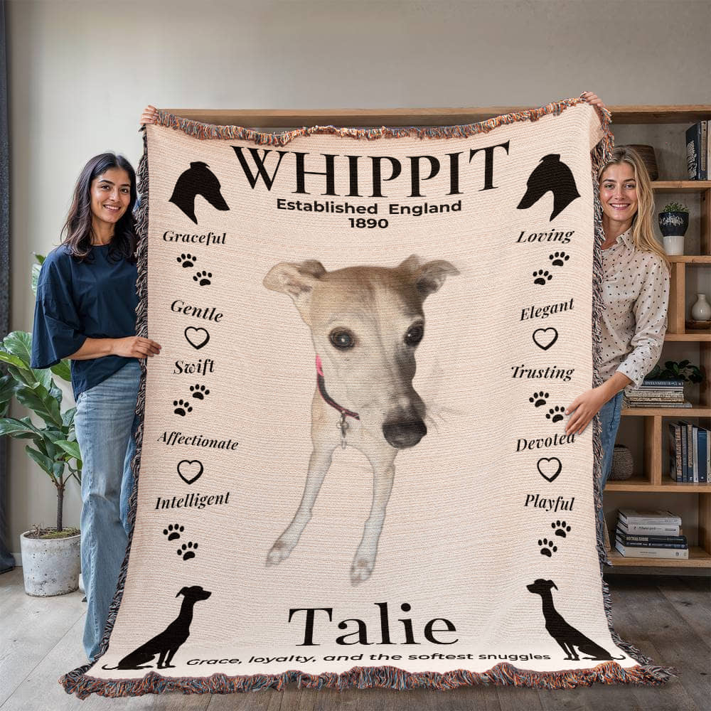 Two people holding a blanket with a whippet design and text. Personalize your woven blanket with your favorite photo of your Whippit.