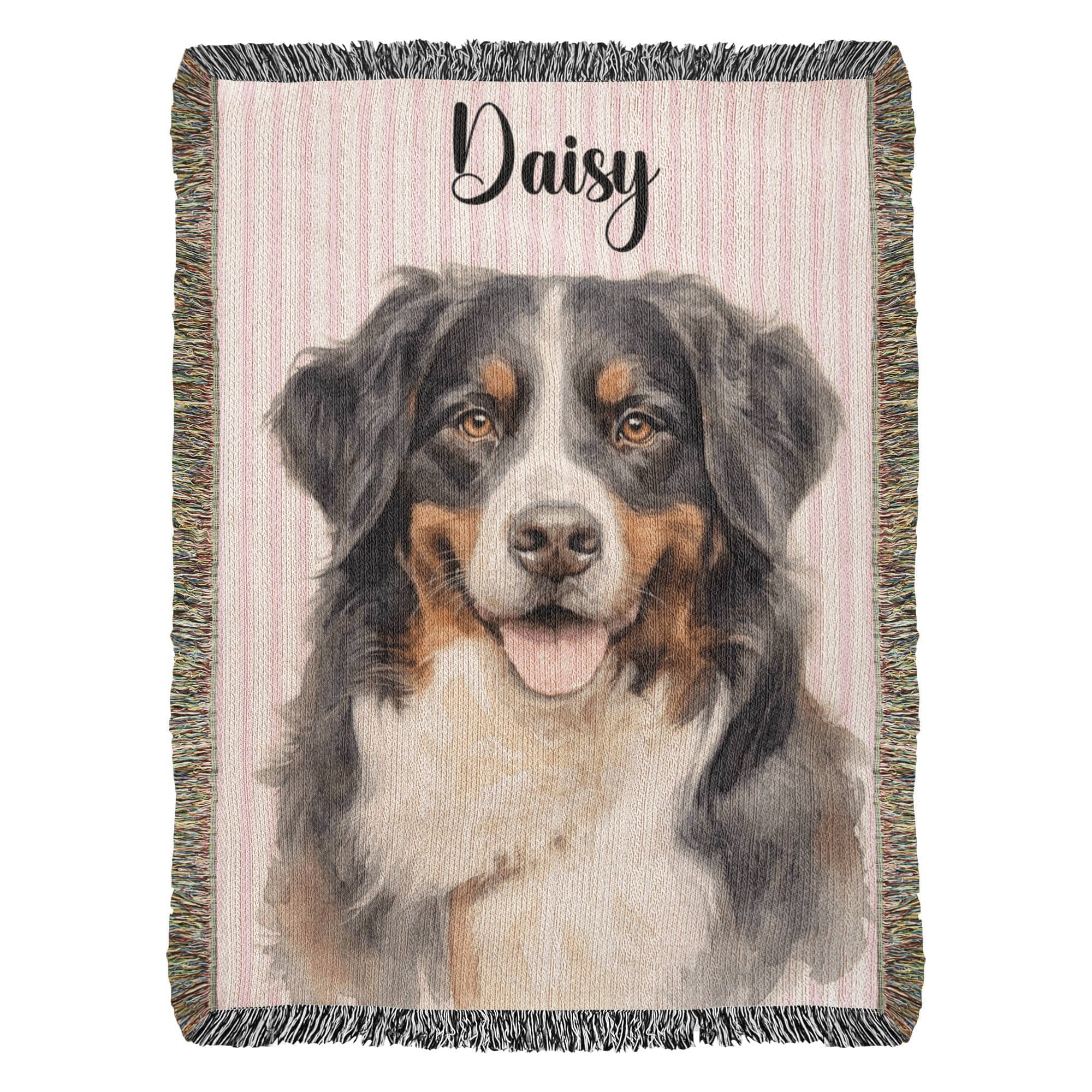 Woven blanket with a dog portrait and the name 'Daisy' on a striped background