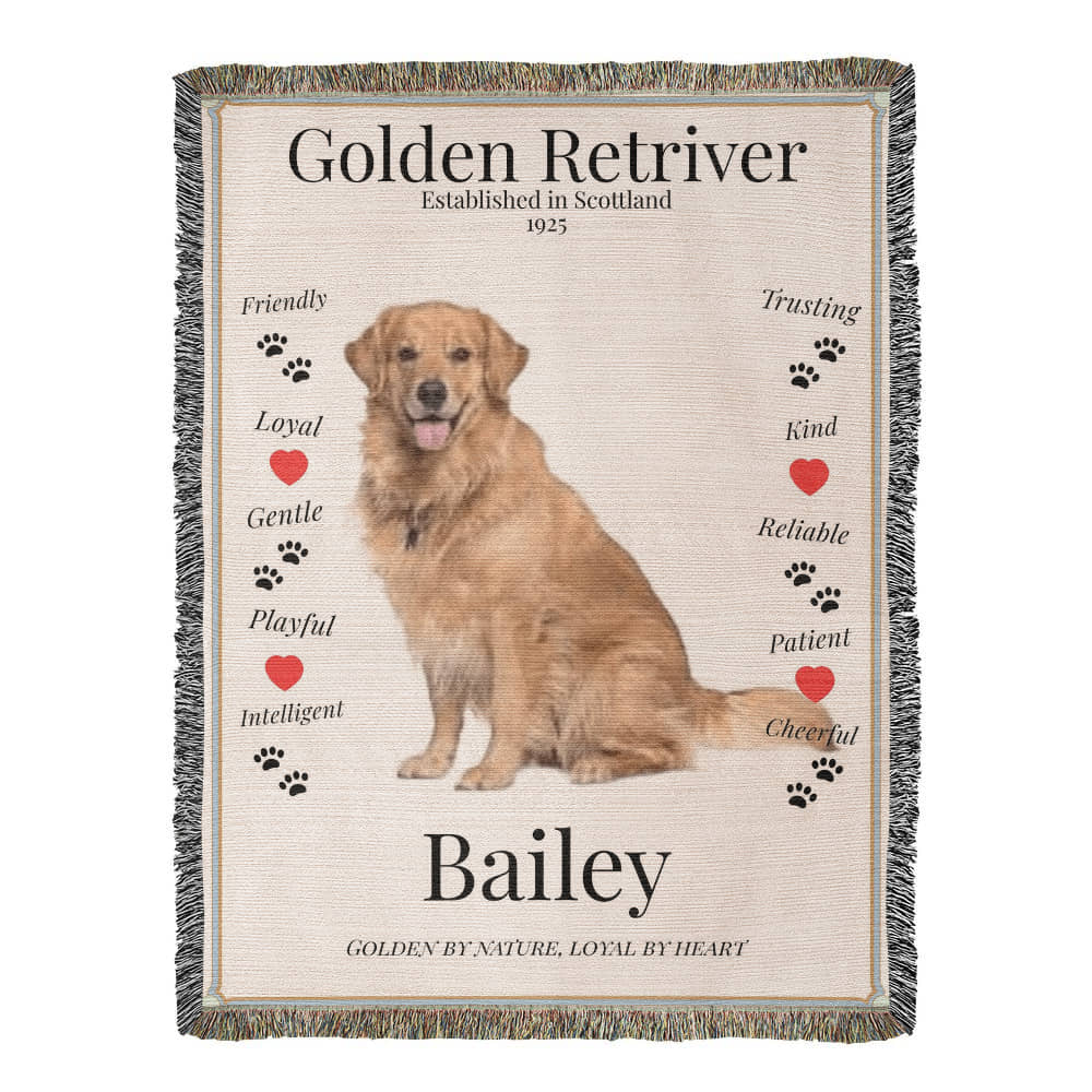 🐾 My Little Buddie Heirloom Woven Blanket – Golden Retriever Edition - Red hearts