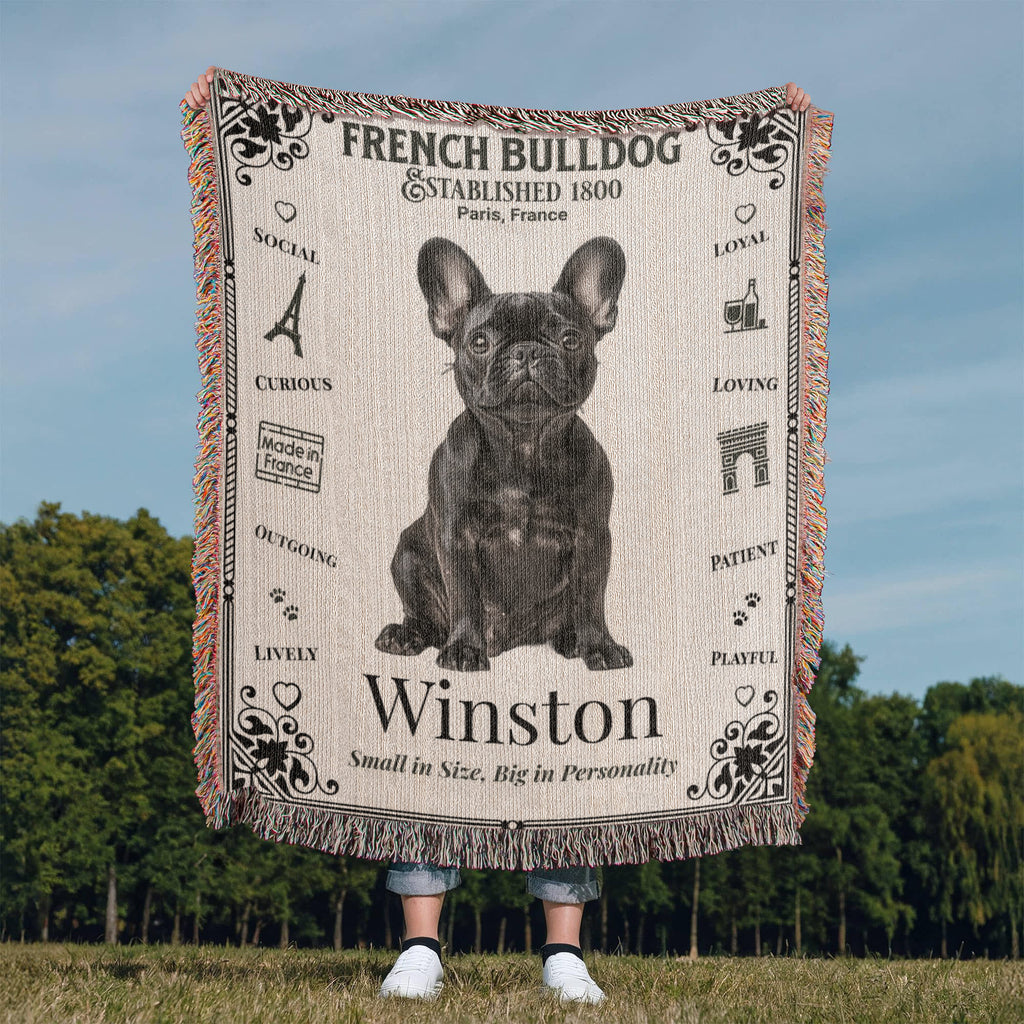 Woven Blanket with a French Bulldog design and text in an outdoor setting.Personalized with the name and photo of your Frenchie.