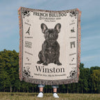 Woven Blanket with a French Bulldog design and text in an outdoor setting.Personalized with the name and photo of your Frenchie.