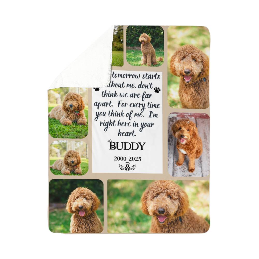 Memorial photo plaque with a dog's photos and text on a white background