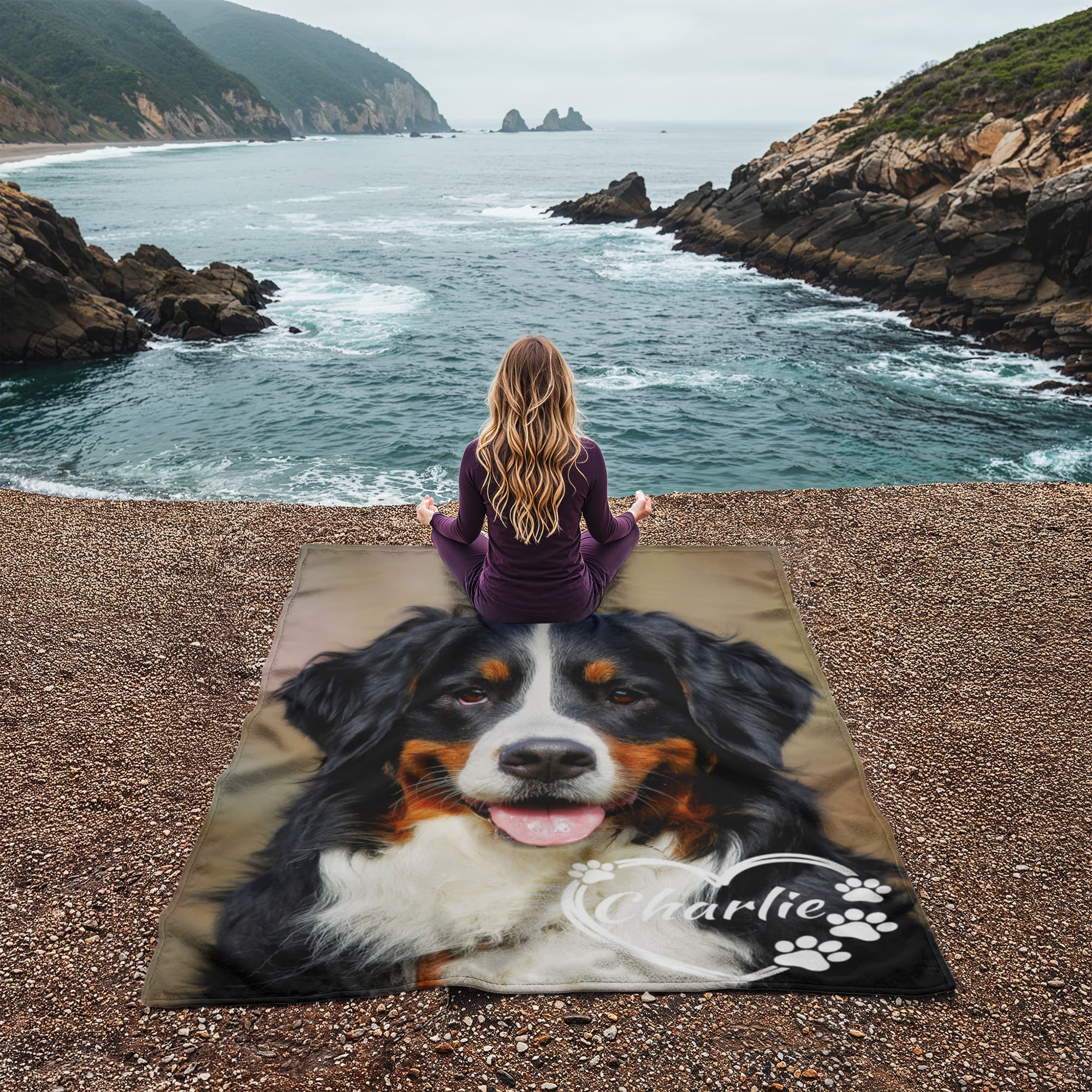 Person meditating on a beach with a dog-themed mat featuring a Bernese Mountain dog and the name 'Charlie'.
