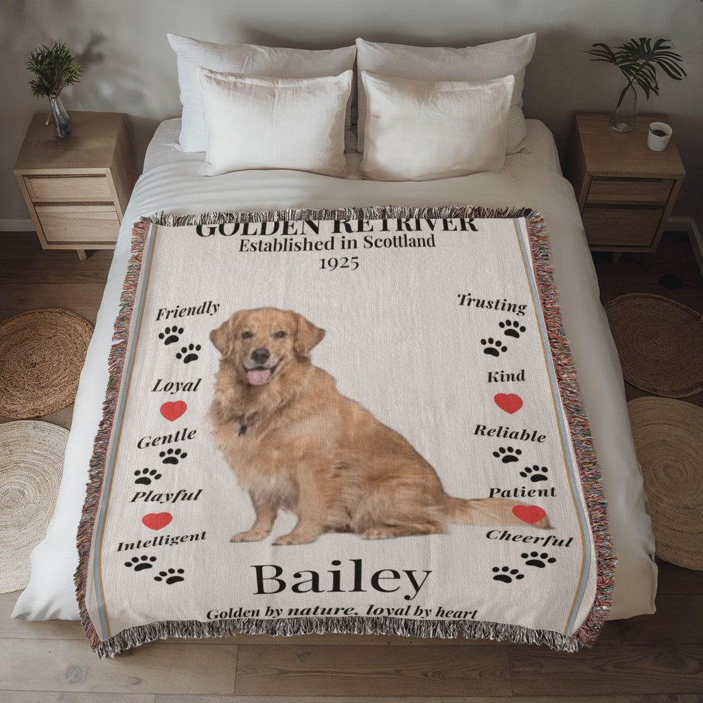 woven Blanket with a Golden Retriever design and text on a bed in a bedroom setting.  Personalized with dogs photo and name.